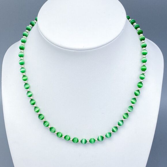 Women's Sterling Silver 925 Green Synthetic Cat's Eye Beaded Necklace 16-17.5" - Picture 1 of 4